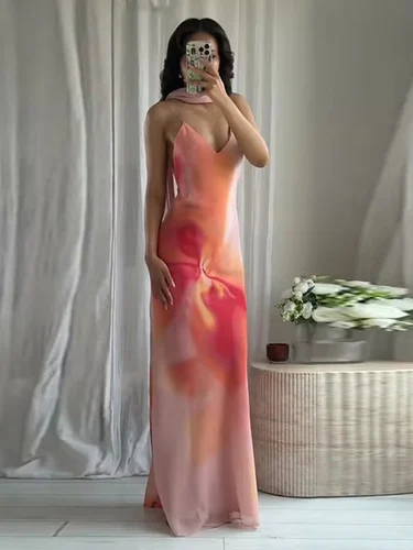 Imagen 2 del producto Vestido largo elegante con estampado degradado Tie-dye y bufanda para mujer, vestido de noche sin mangas con espalda descubierta para vacaciones, verano 2025