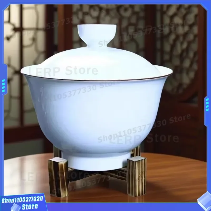 Extra Large Ceramic Tea Bowl With Lid Huge Capacity Suet Jade Teacup Ercai Cover Bowl Ornament For Tea Tray Decoration Gift
