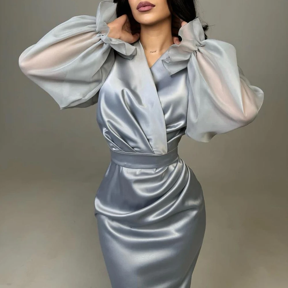 Elegant Graceful V-Neck Satin Long Sleeves Flare sleeves Straight Party Gowns Pleats Photo Color Ankle Length Saudi Arabia 2024