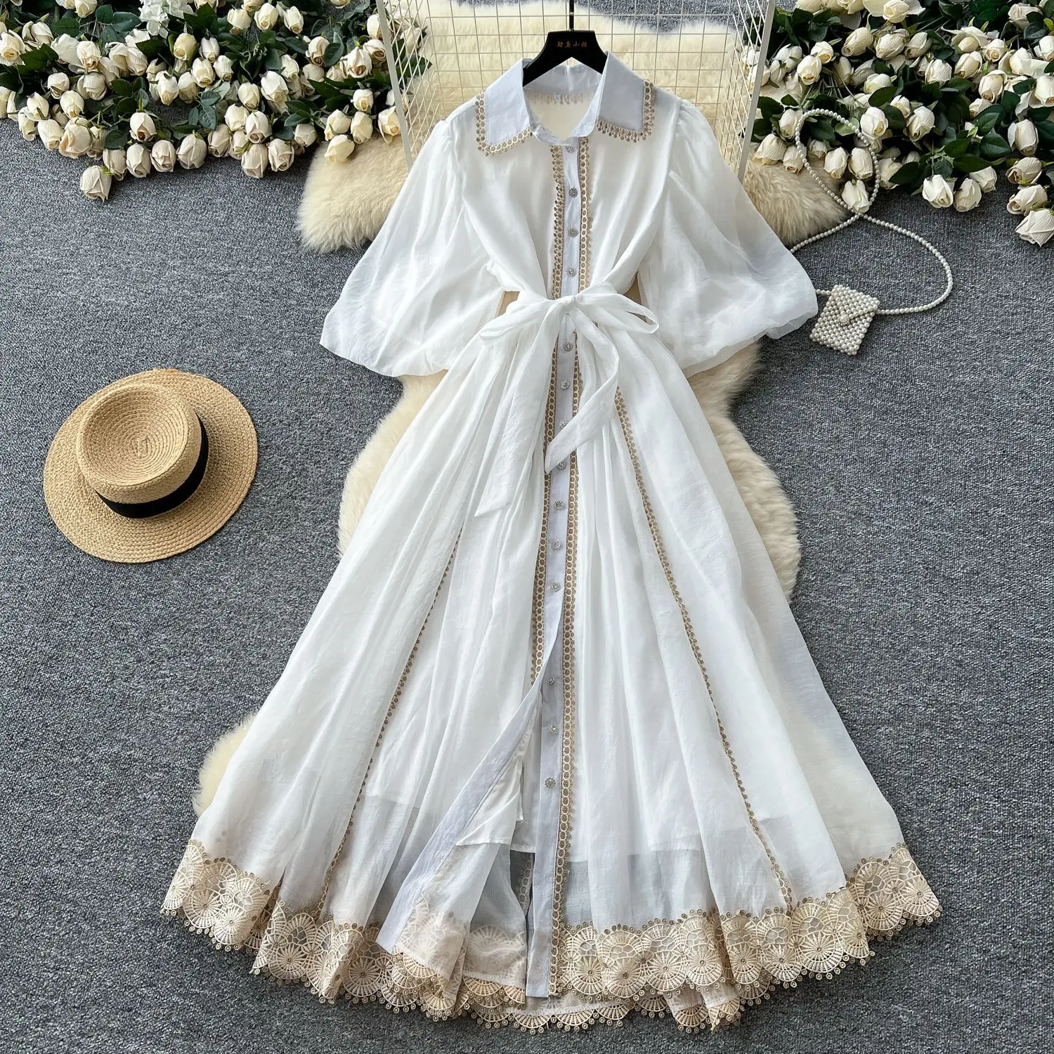 

Party Dress Women Lace Short Sleeve High Waist Bandage Dresses Elegant Splice A Line Y2k Single Breasted Vestidos Summer 2025