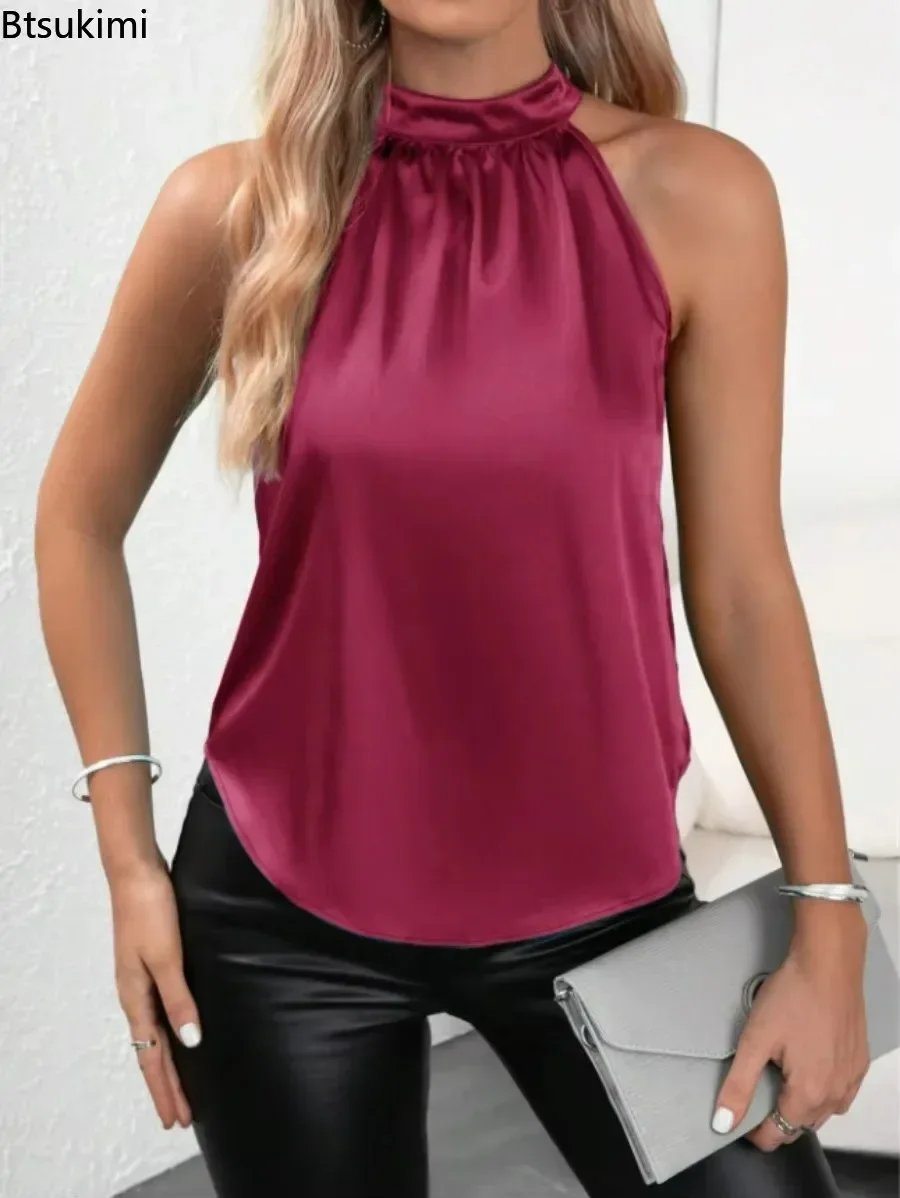 2025 Women's Sexy Tanks Top Camis Hanging Neck Strap Design Satin Gloss Sleeveless Blouses Blusas Mujer Solid Sexy Shirt Tees