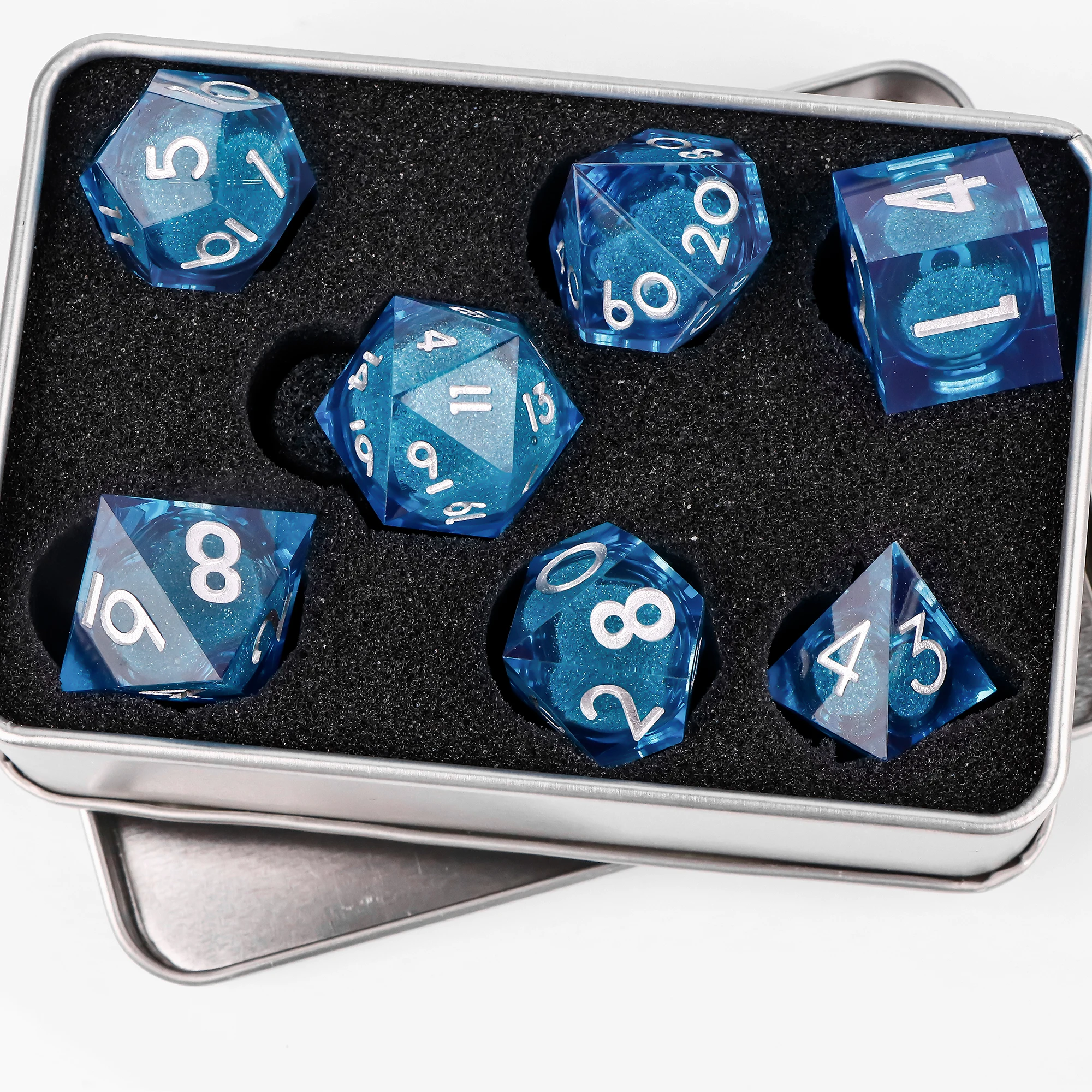 Polyhedral Blue D&D liquid core dice for dungeons and dragons, Liquid core dice set for Board games, Sharp edge resin dice