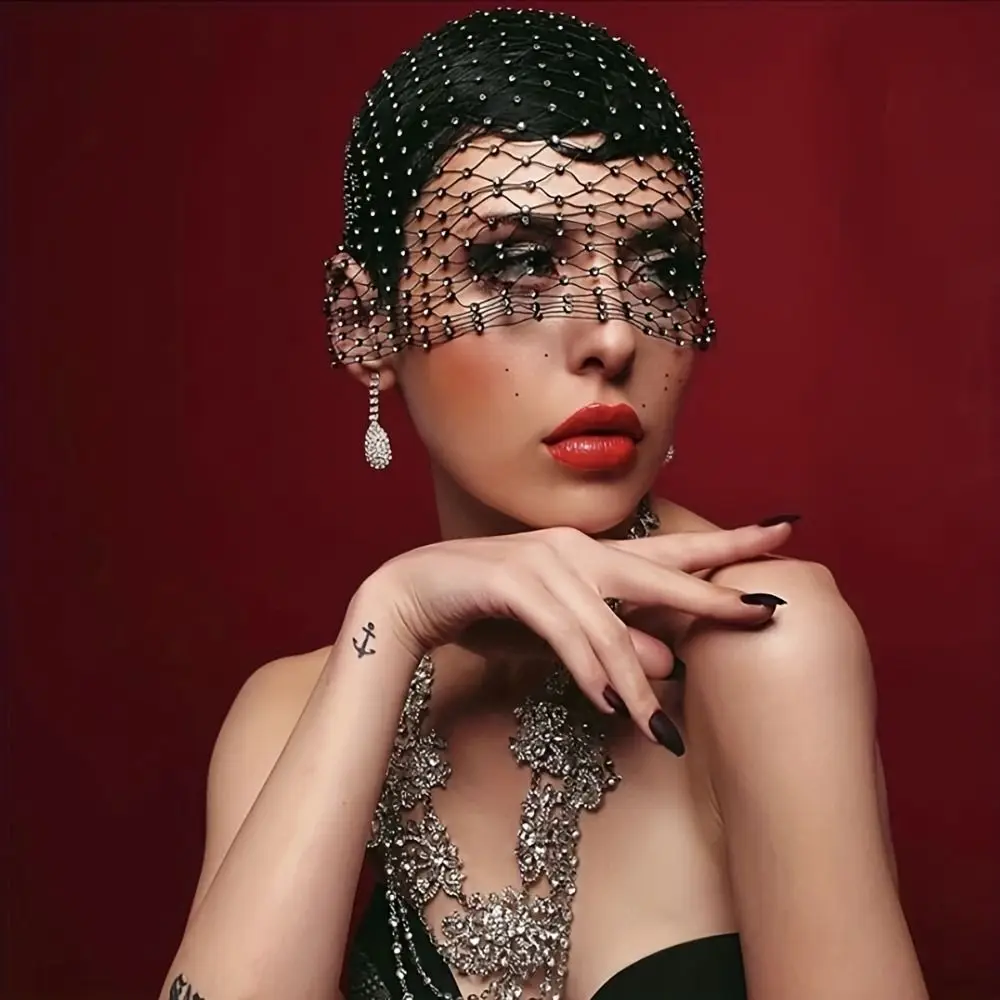 

European American Style Fishing Net Headcover Elastic Hollow Out Beanies Adjustable Sparkling Rhinestone Face Veil Photo Props