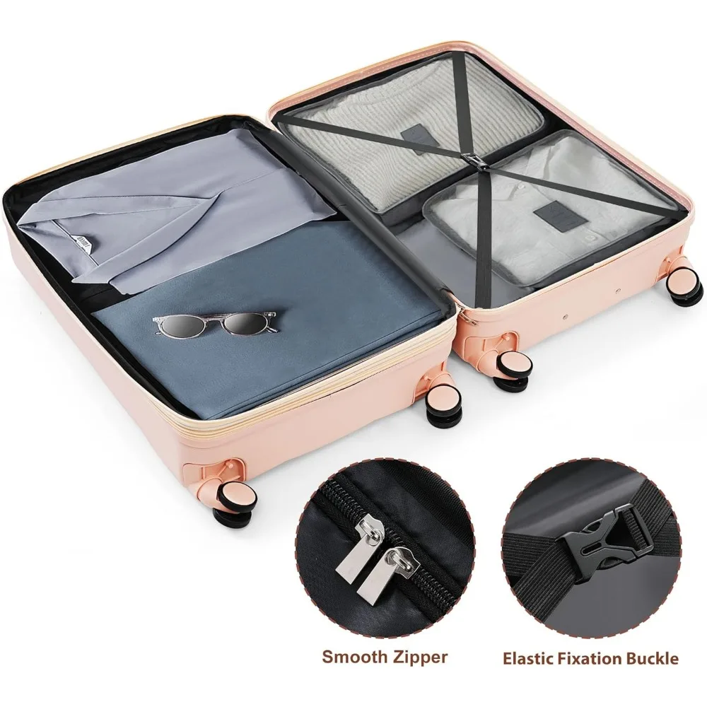 مجموعة حقائب سفر خفيفة الوزن ذات جوانب صلبة بقفل TSA للأطفال بخطوط وردية مقاس 20 و24 و28 بوصة #4