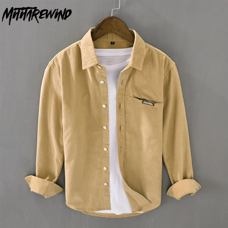 

Spring Fall Shirts for Men Daily Casual Corduroy Tops 100% Cotton Long Sleeve Shirt Man Pocket Khaki Shirt Simple Camisa Hombre