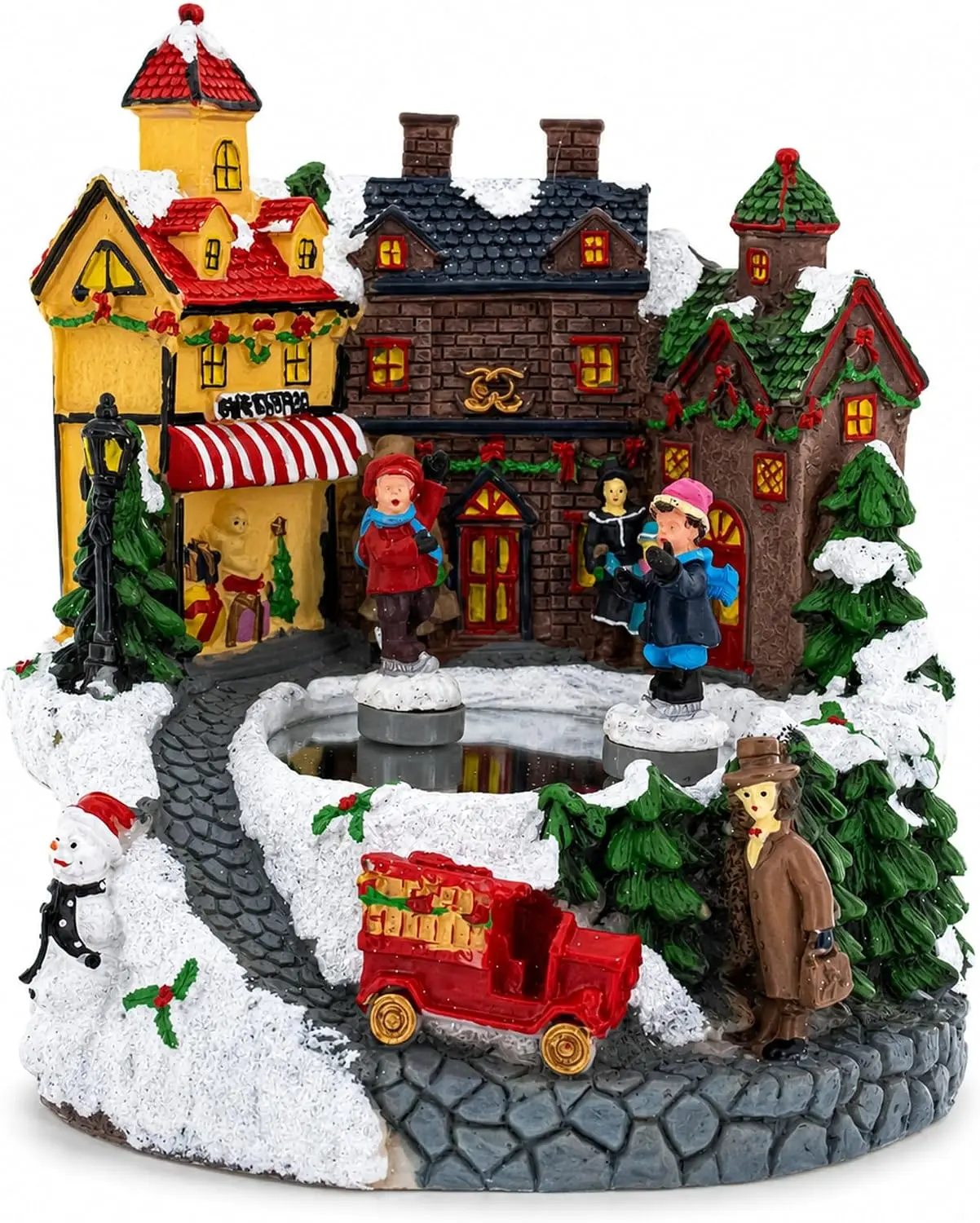 Animated Christmas Music Box Figurine Featuring Rotating Winter Village Town and Skating Scene