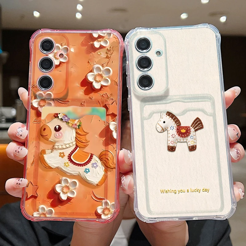 Card Bag Phone Case For Samsung Galaxy S26 S25 S24 Ultra S23 S25 FE a57 A17 A56 A55 A37 A16 A36 A54 Cartoon Horse Printed Cover