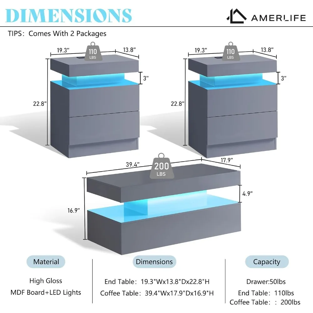 3-Piece High Gloss Coffee Table Set with LED Lights