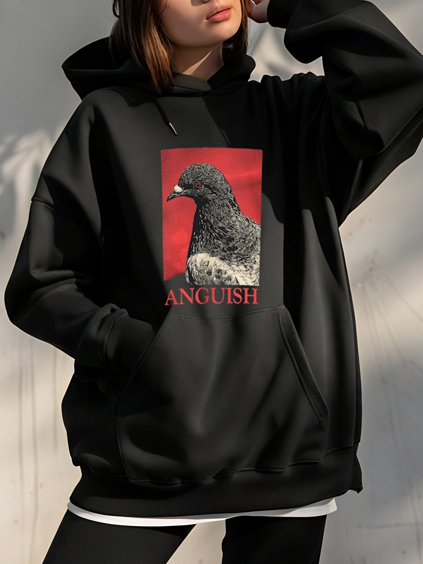 

Черная толстовка с принтом голубя, уличная одежда с английским текстом, повседневная толстовка для женщин и мужчин, городской модный наряд