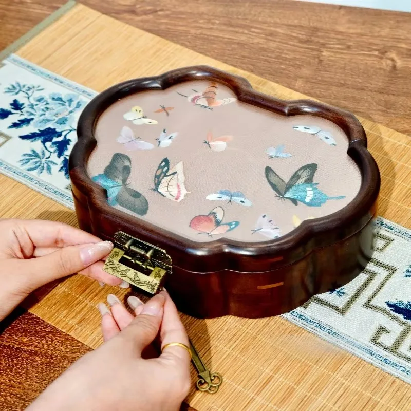 Solid wood walnut jewelry box handmade embroidery Suzhou embroidery butterfly Ruyi exquisite storage box jewelry storage box
