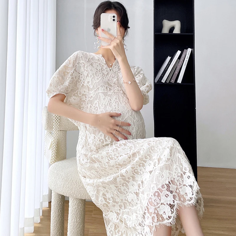 

2024 Maternity Clothes Summer New Fashion Trend Loose Round Neck Hook Flower Lace Fashionable Knee Over Pregnant Women's Dress