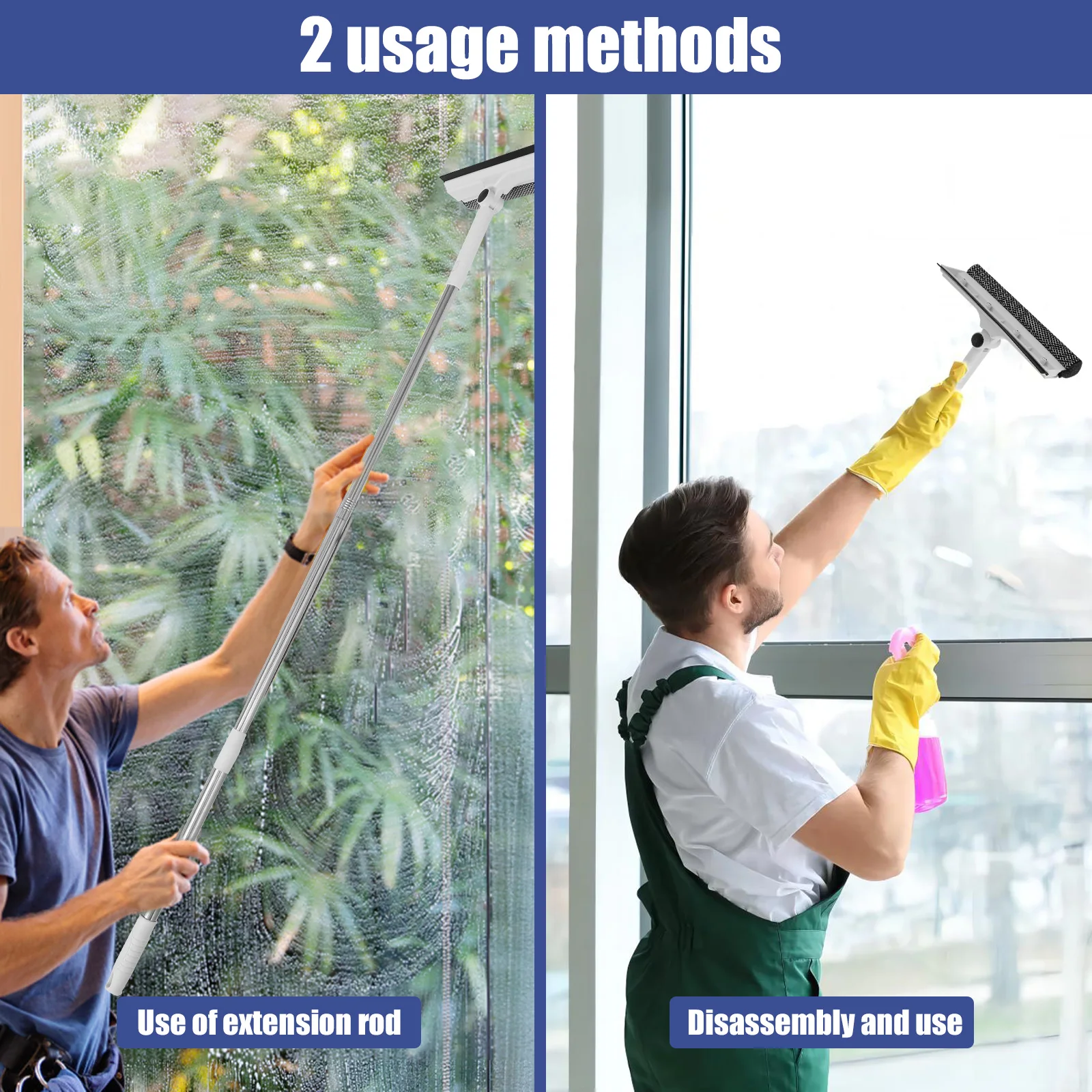 53 Inch Window Cleaner 2-in-1 Sponge Squeegee & Scrubber 180-Degree Rotatable Window with Extendable Outdoor For Glass Mirror