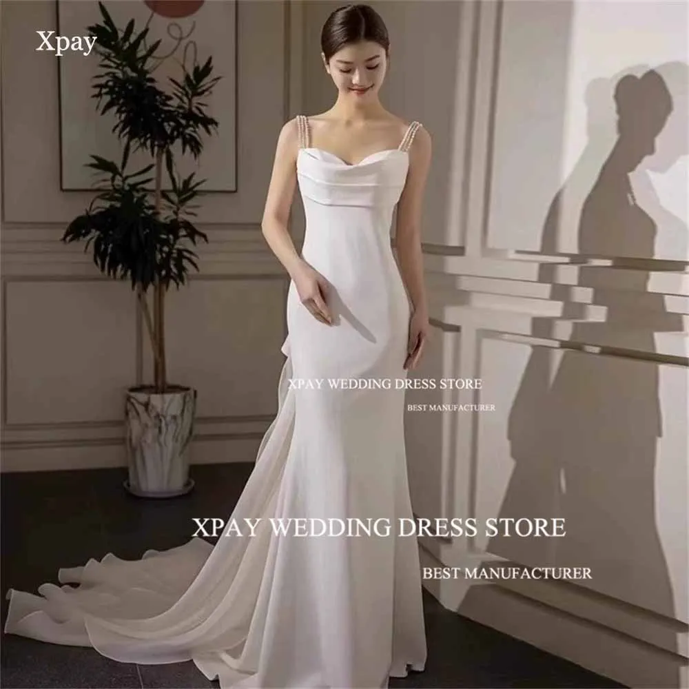 

XPAY Cowl Neck Korea Mermaid Wedding Dresses Spaghetti Strap Pearls Beading Bridal Gown Photos Shoot Sleeveless Bow Bride Dress