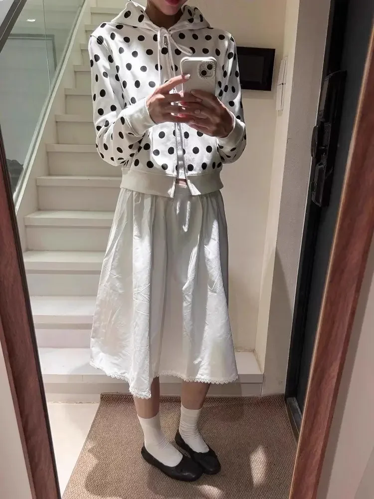 เสื้อฮู้ดลายจุดสไตล์เกาหลีสำหรับผู้หญิง ฤดูใบไม้ร่วง สไตล์ลำลอง ซิปสั้น มีฮู้ด สไตล์ Y2k สวยงามอเนกประสงค์