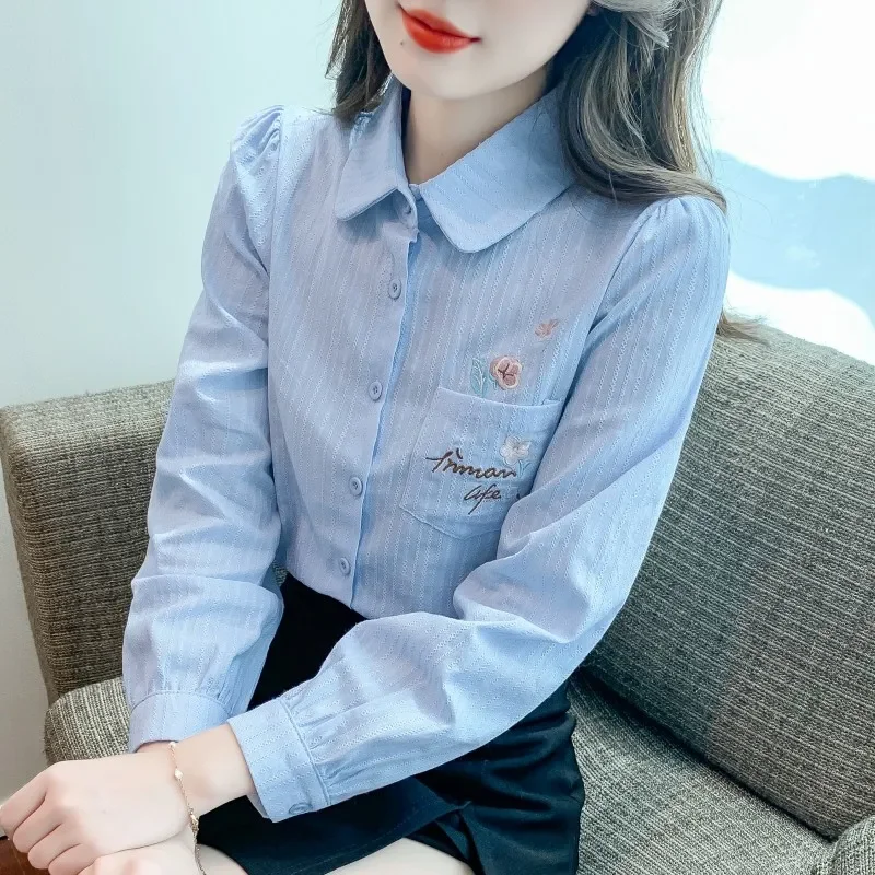 

Женская синяя блузка в полоску с вышивкой, с длинным рукавом, воротником Питер Пэн, повседневная, на пуговицах