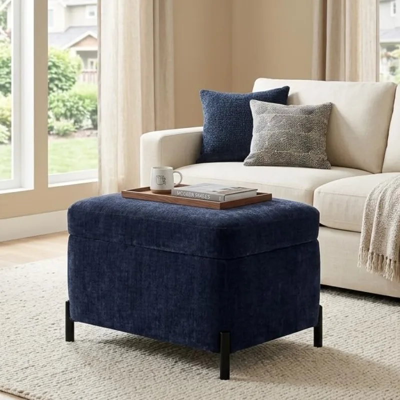 Chenille Storage Ottoman Bench Lift-Top Lid Bedroom Living Room Entryway, Customized