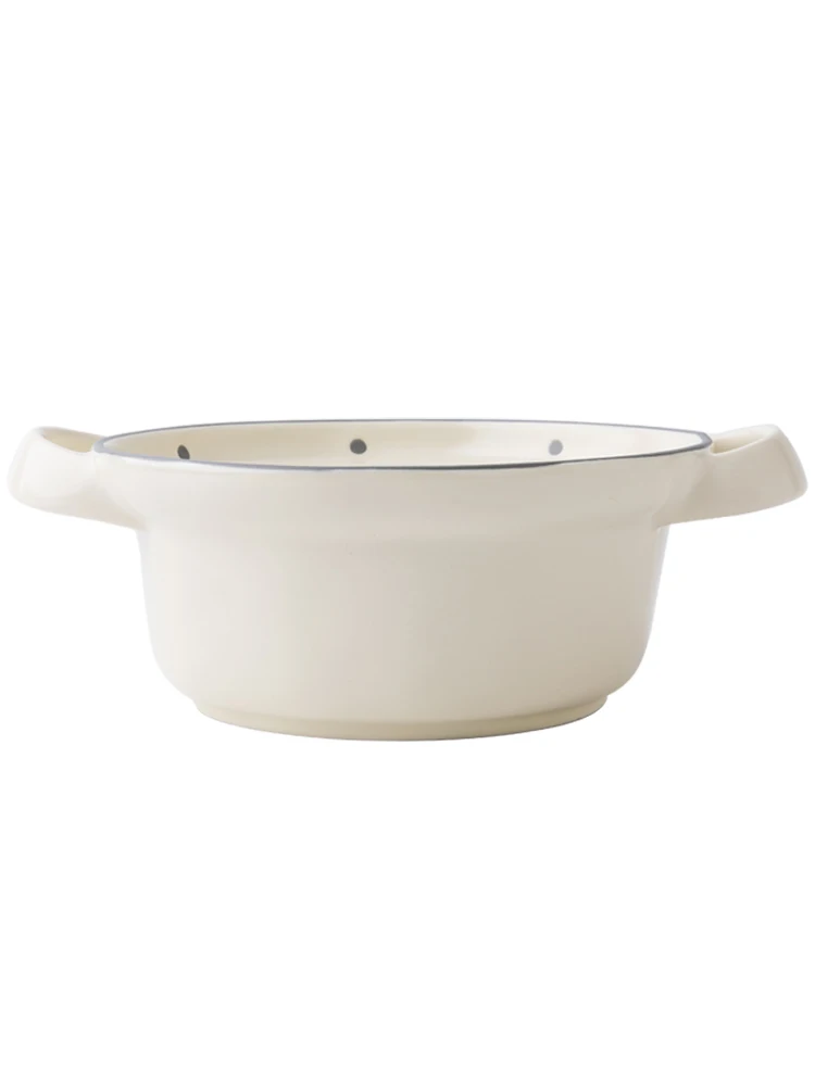 Vintage Polka Dot Double Ear Soup Bowl Thickened Matte Ceramic Bowl for Noodles and Snacks