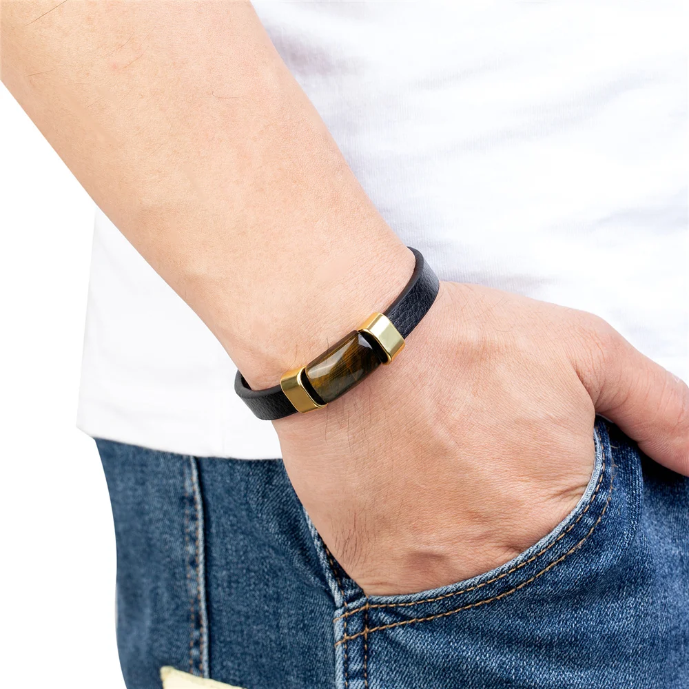 New High Quality Rectangular Tiger Eye Bracelet Men Stainless Steel Accessories Bracelet Women Leather Rope Jewelry Accessories