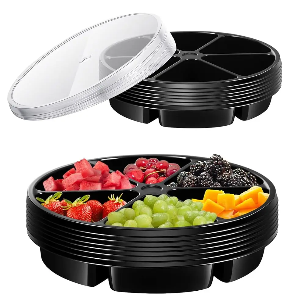

10 Pcs Round Plastic Veggie Serving Tray For Mexican Festival 11.8 H 6 Sectional Taco Serving Platter With Lid Food Round