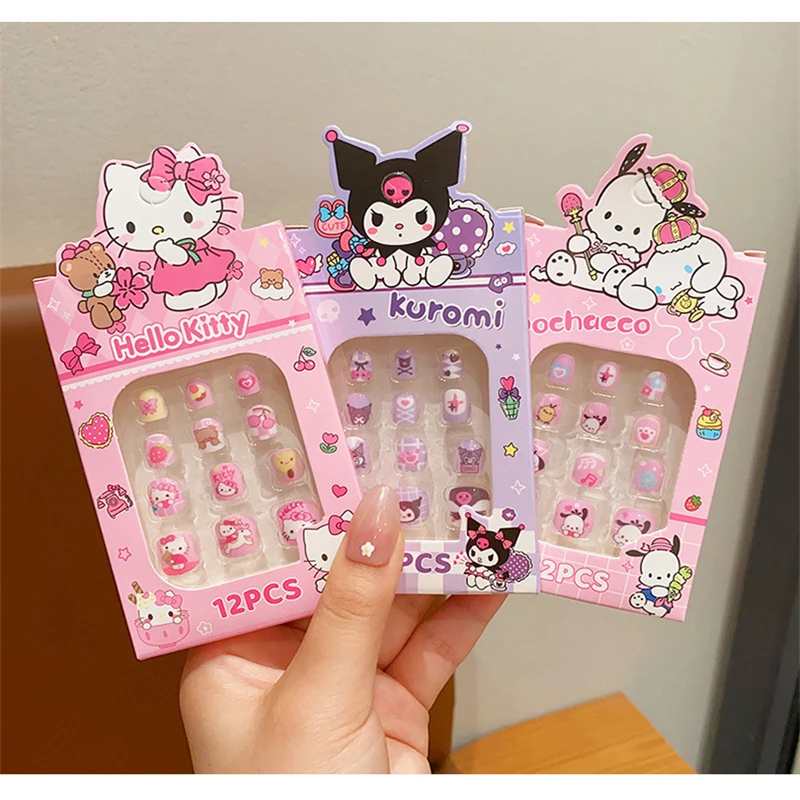 12Pcs/Box Miniso Cartoon Children's Nail Patch Sanrio Hello Kitty/Kuromi/Cinnamoroll Press On Nails Lovely False Nails For Girls