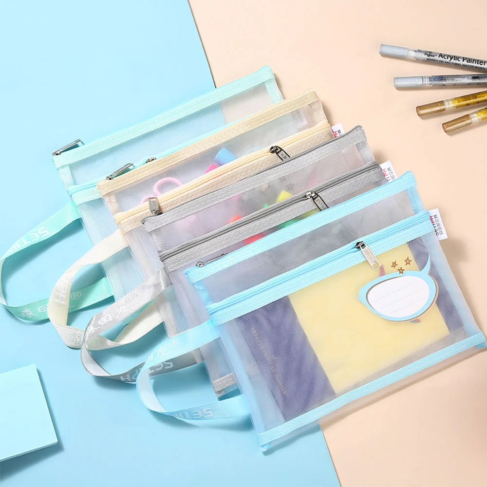 A4 File Document Bag Zipper Stationery Storage Bag Mesh Subject Bag Cosmetic Makeup Bag Organizer Bag Zipper Book File Folders