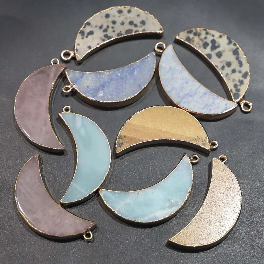Natural Stone Multi-color Moon Pendant Gold-edged Crescent Charm Necklace DIY Fashion Creative Jewelry Making Wholesale 5Pcs/Lot