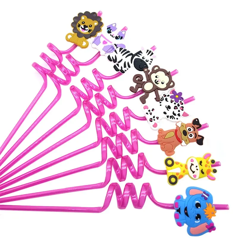 8pcs 26cm Jungle Animals Reusable Plastic Helical Drinking Straws Elephant/dogs/lion/giraffes Straw Kids Birthday Party Decor