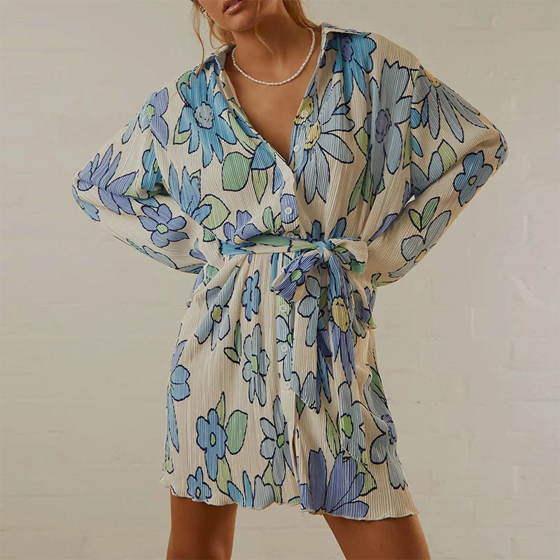 

2023 Women's Elegant Single Chest Belt Shirt Dress Women's Fashion Casual Long Sleeve Mini Dress Summer Vacation Dress