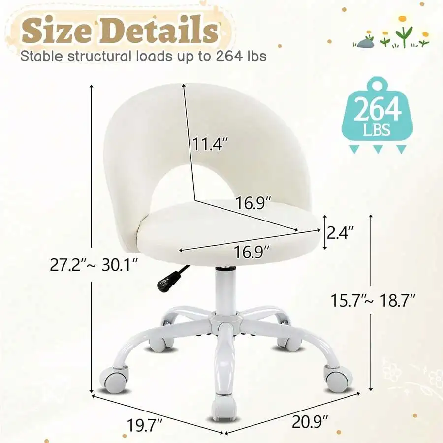 Small Dressing Chair With Wheels, Adjustable Height Armless Desk And Chair, Comfortable Rolling Chair With 360 °     Rotation, Suitable For Small Spaces, White