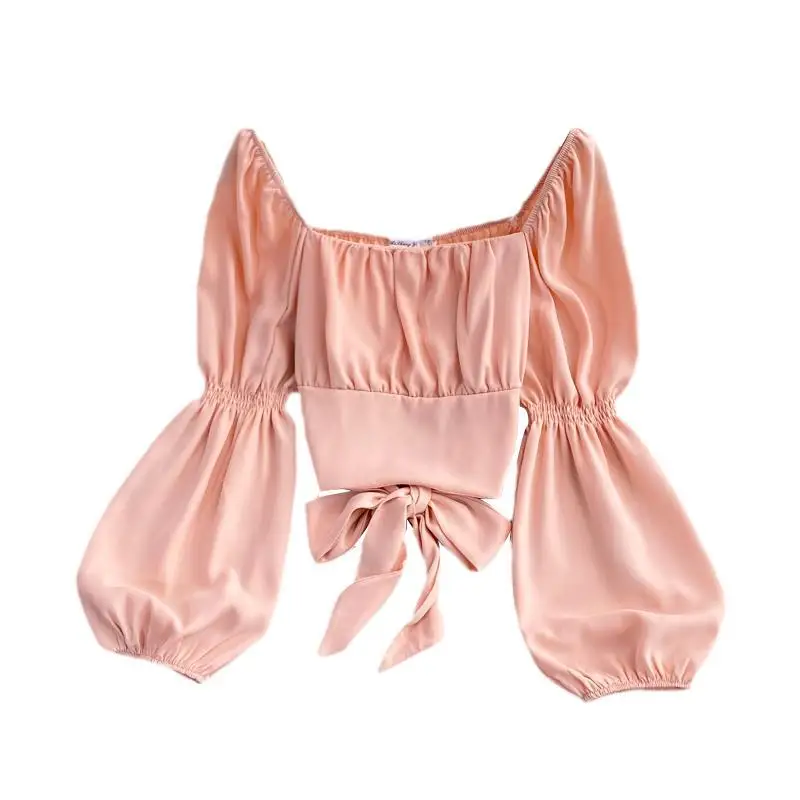 High-end Puff Sleeve Crop Top Women Chic Long Sleeve Shirts Y2k Clothes Trend Bow French Backless Design Blouses Streetwear New