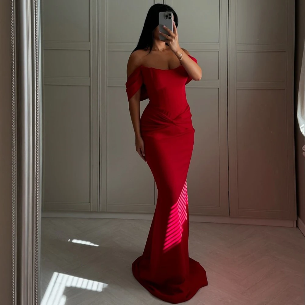 Customized Jersey Mermaid Off the Shoulder Evening Dress Scoop Floor Length Lace Up Back Sleeveless Sweep Train Red Luxury