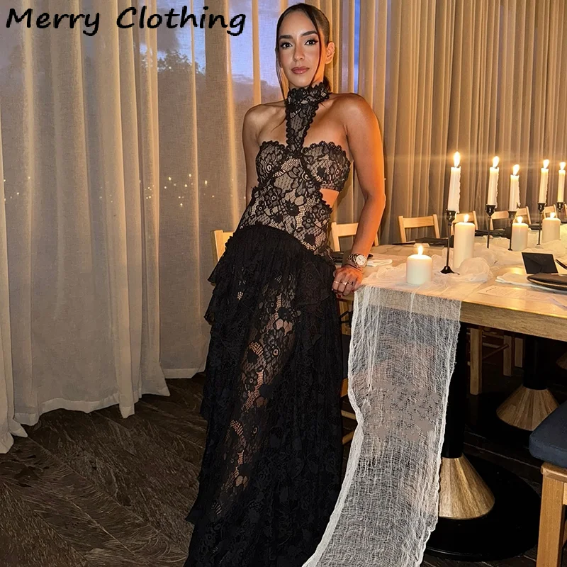 مثير الدانتيل المرقعة فستان المرأة الجوف خارج أكمام نادي الحفلات تنورة طويلة انظر من خلال الرسن ثوب مسائي عطلة سيدة الجلباب