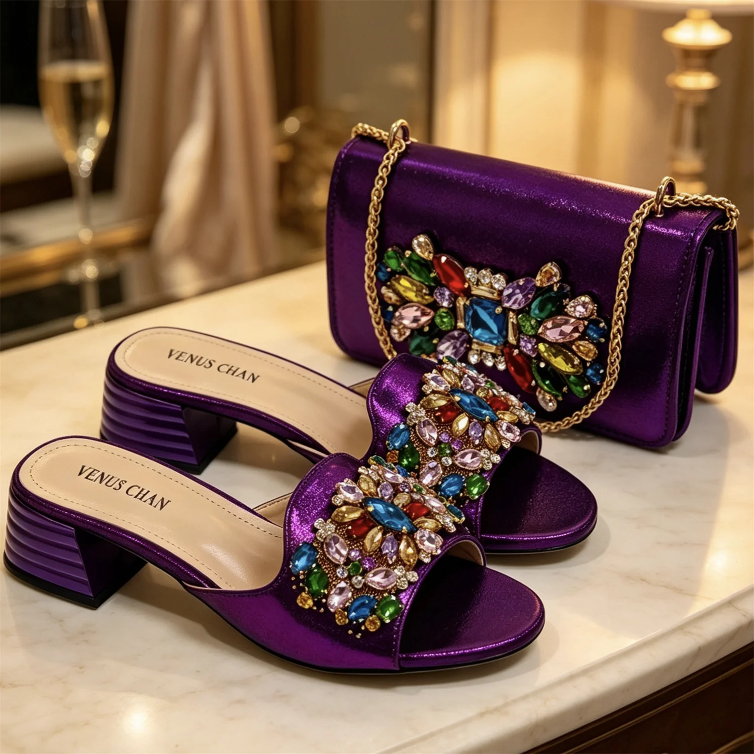 Women Accessories Bag - รองเท้าส้นสูงเปิดหัวสีม่วงดีไซน์หรูใหม่ปี 2026 พร้อมประดับเพชร - ชุดรองเท้าส้นสูงและกระเป๋าเข้าชุดสไตล์อิตาลีสำหรับงานปาร์ตี้