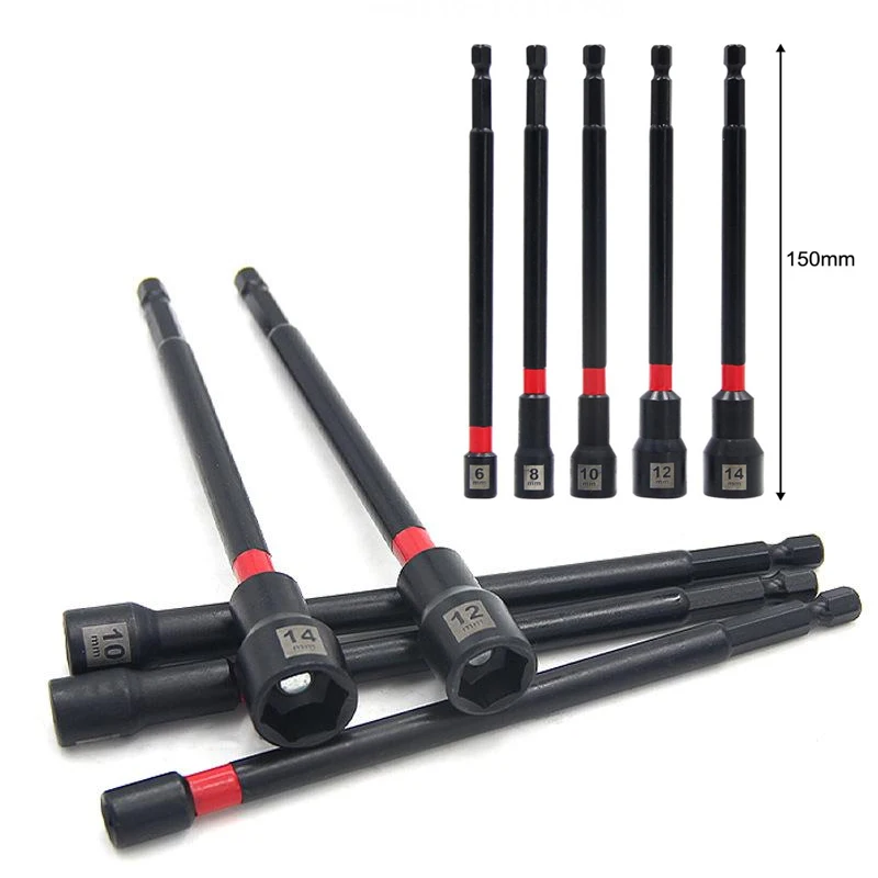 1/5Pcs Long Nut Driver For Impact Drill Hex Socket Adapter 6 Inch Magnetic Nut Driver Set 6/8/10/12/14mm Alloy Steel Screwdriver