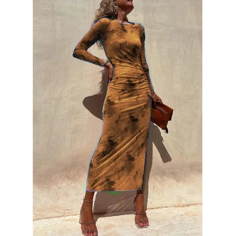 Autumn New Mesh Sexy Printed Women\'s Long-sleeved Dress Simple Lace Fashion Slim Stretch Women\'s Party Nightclub Dress