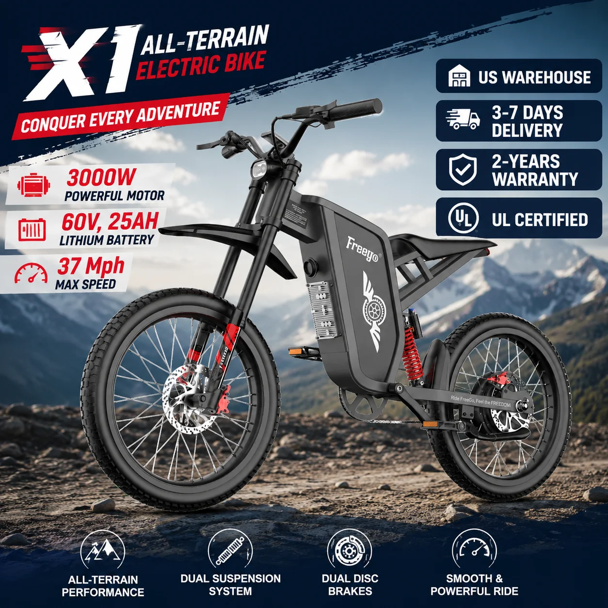 

Freego X1 Electric Bicycle Max Speed 37Mph/3000W Peak Motor 60V25Ah Battery Electric Dirt Bike 40 Miles Range 17X1.6''Tire ebike