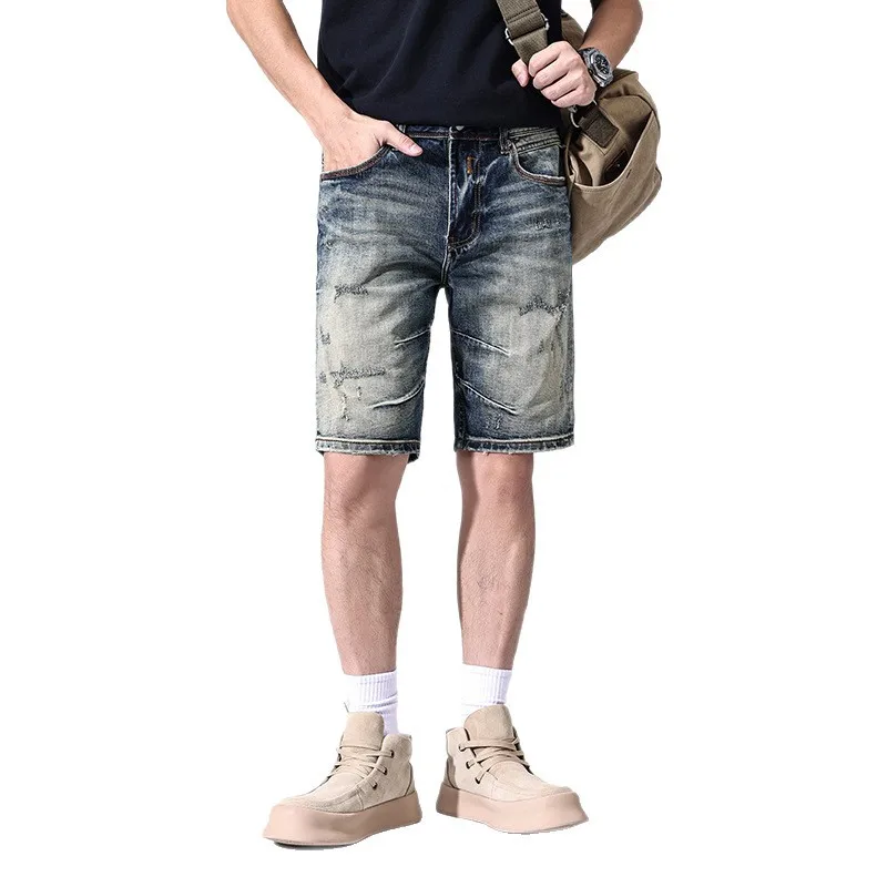 Summer minimalist high-quality vintage Japanese style youth slim fit fashionable versatile denim shorts skinny ripped jeans men