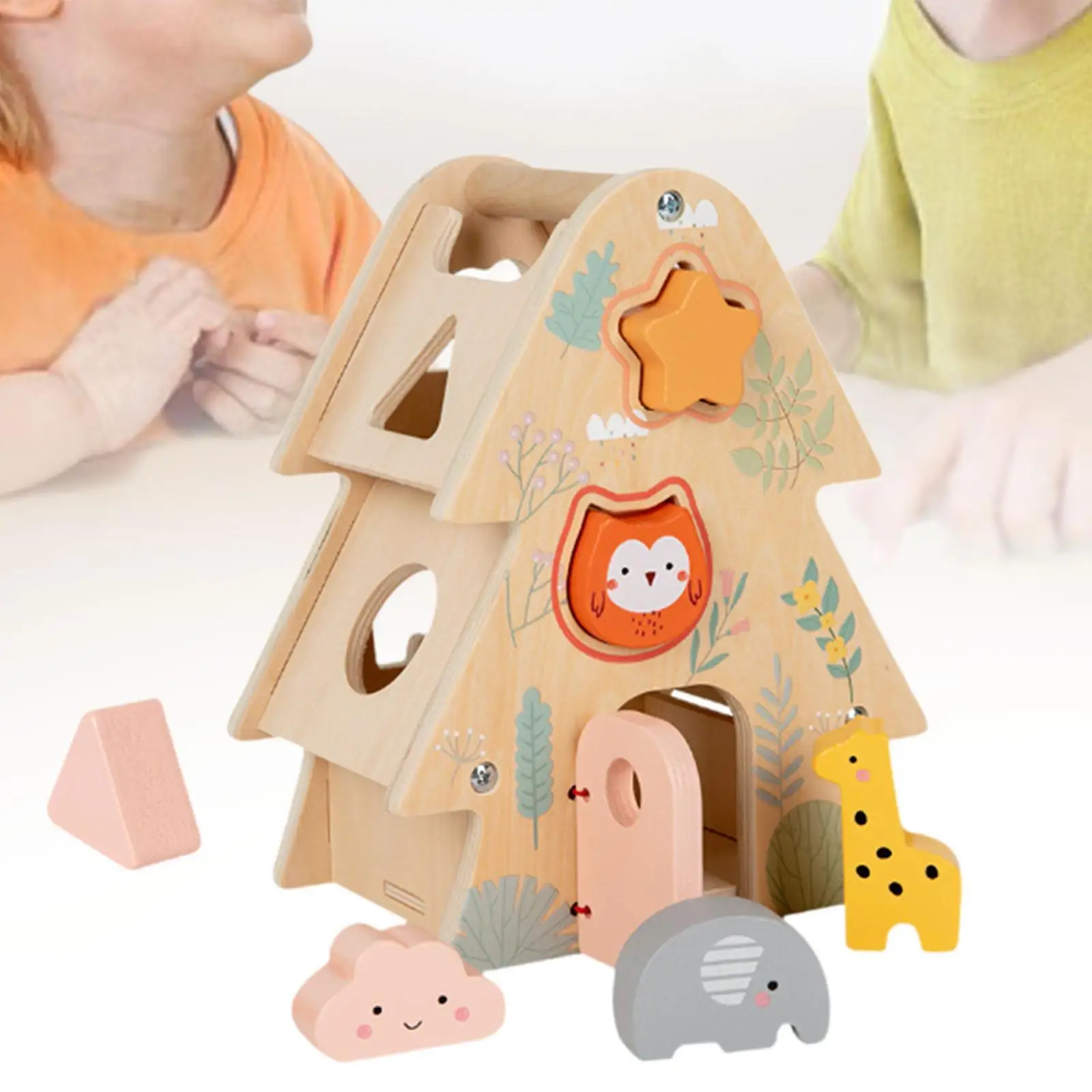 

Wooden Shape Sorter House Tree Shape Activity Cube Fine Motor Skills Matching Color Perception Toy for Kids Age 2-6 Years