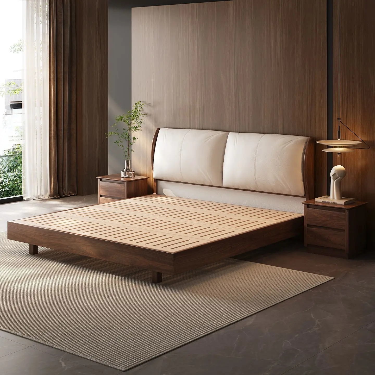 Solid black walnut wood soft-wrapped genuine leather, 2-meter master bed