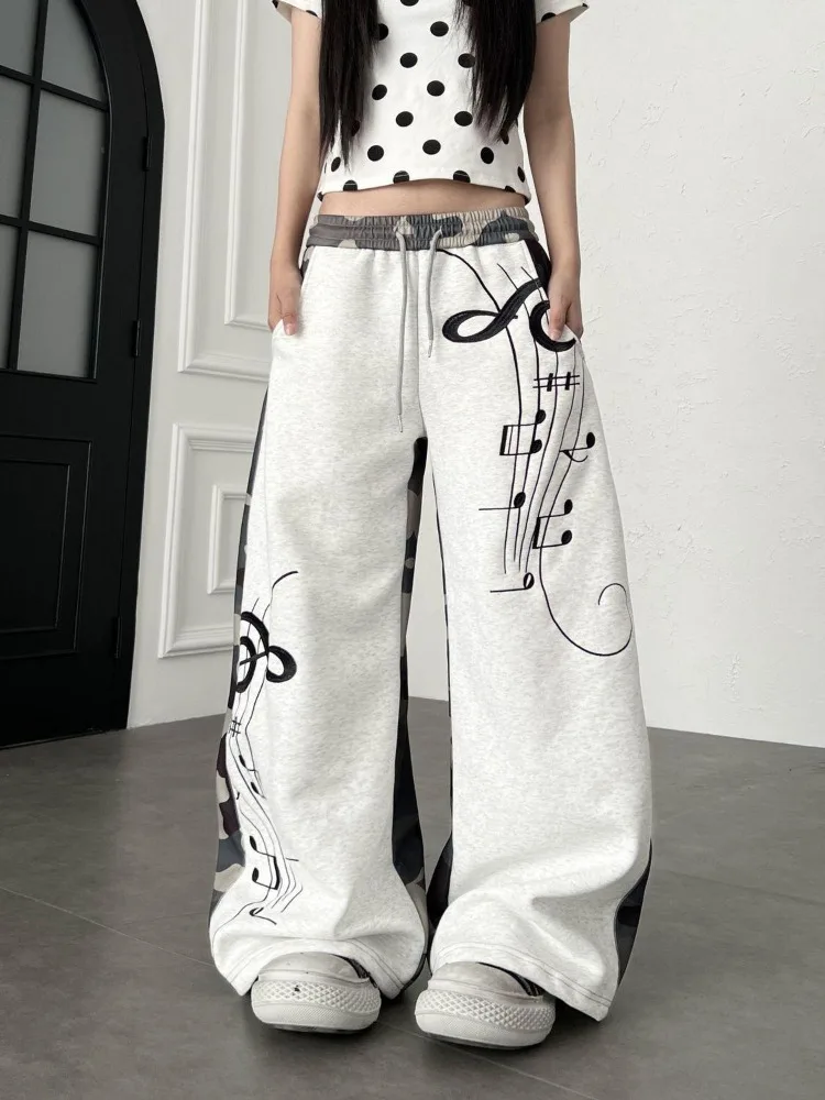 Women's Musical Note Splicing Camouflage Pants Wide Leg Sweatpants Summer Bottoms Female Unisex Casual High Waisted Trousers