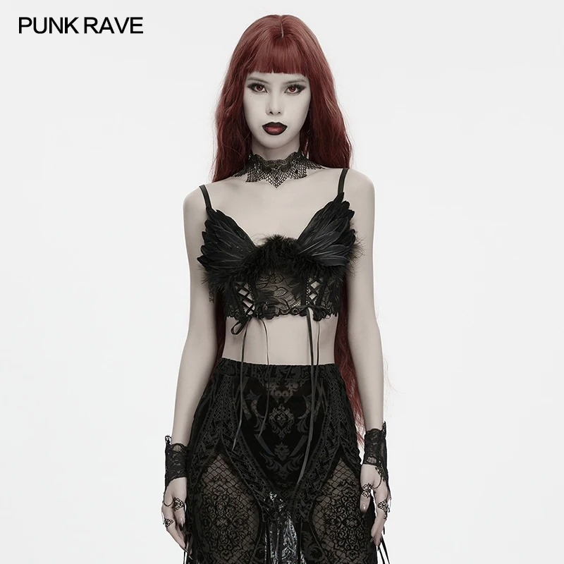 PUNK RAVE Women's Goth Vintage Fallen Angel Fluffy Feather Lace Up Bralet Adjustable Halter-style Allows Party Club Sexy Top
