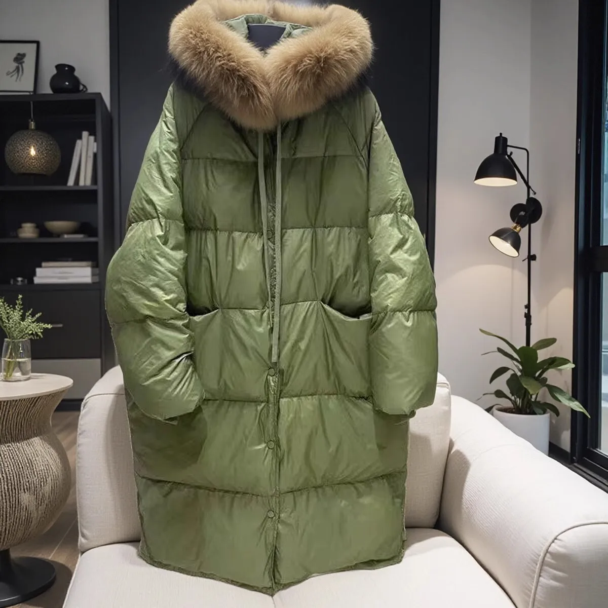 Super Large Raccoon Fur Army Green Quilt Down Jacket Winter New Long Thickened Plus Size Loose Warm White Duck Puffer Coat Women