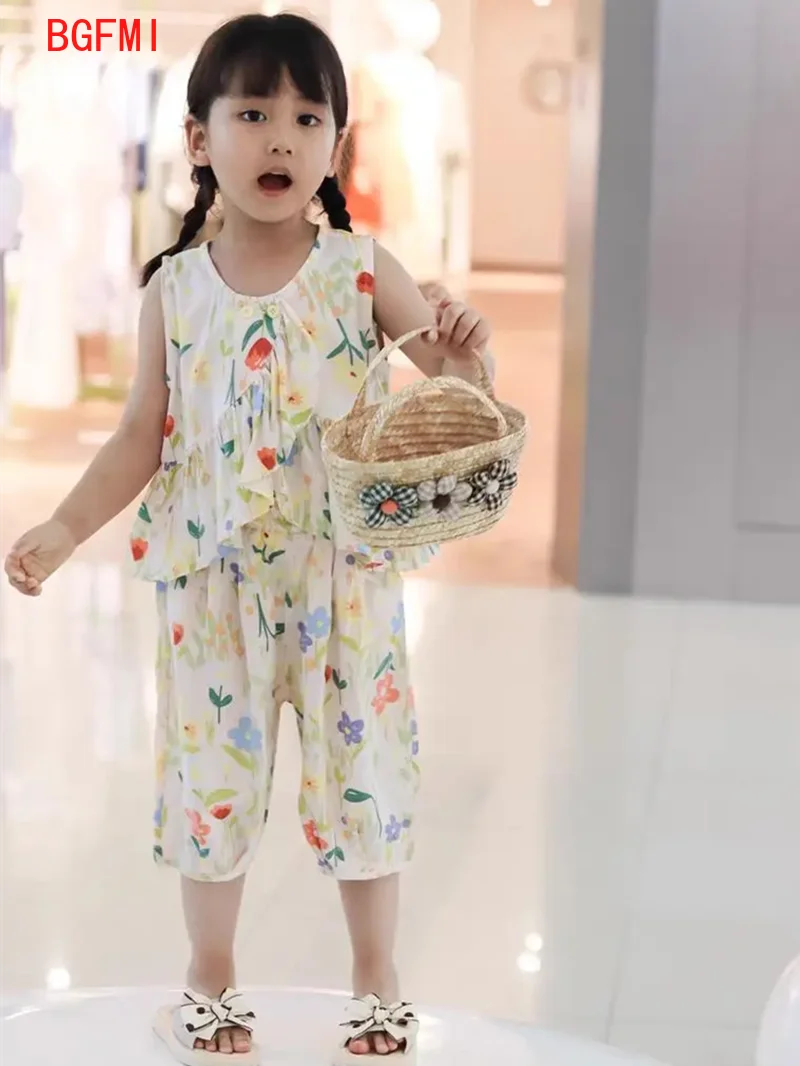 Baby Girl's Camisole Shirt + Pants Two Piece Set Summer Thin Cool Fabric Children's Sleeveless Top Trousers Baby Outfit Set 1-5Y