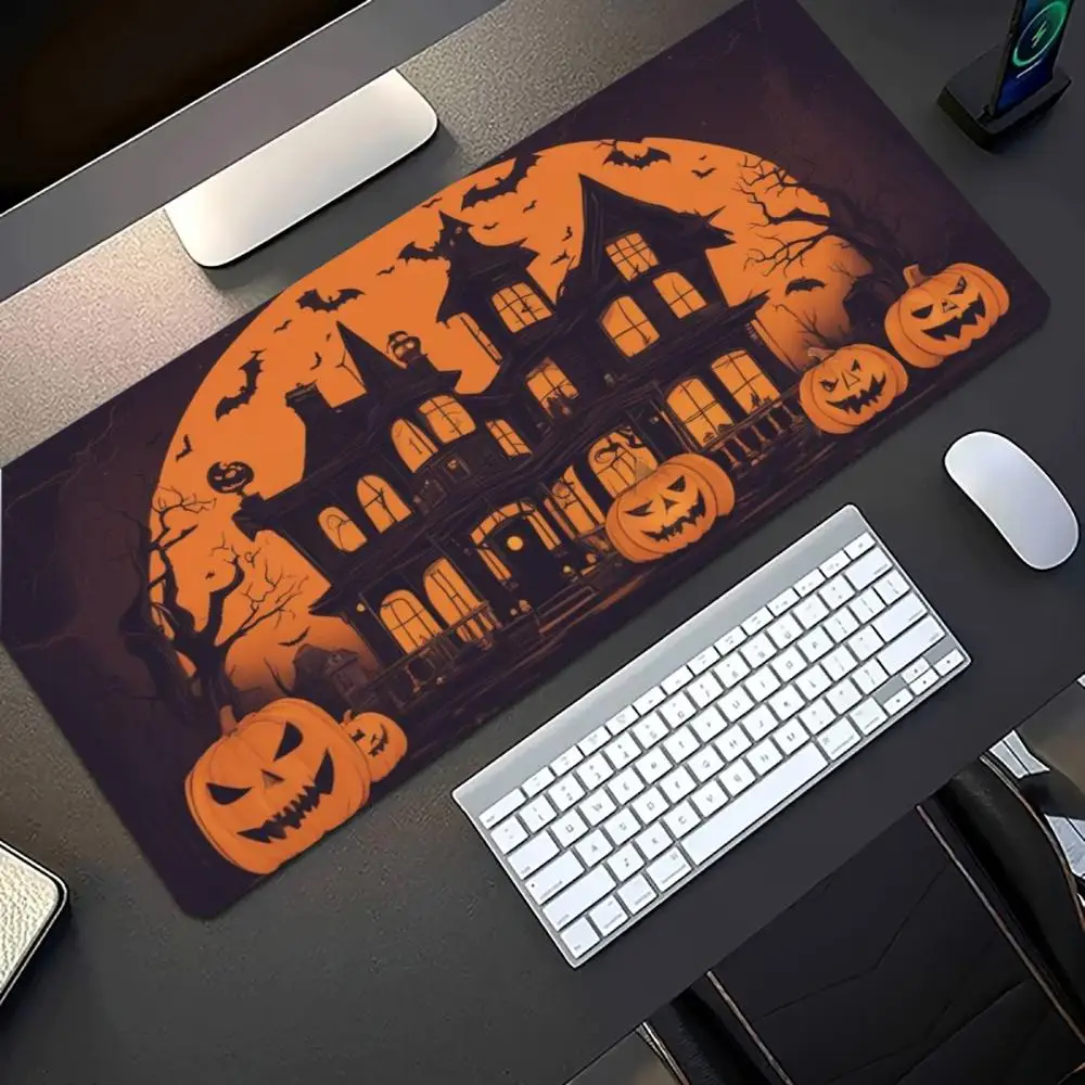Halloween Haunted House Giant Moon Pumpkins Fence Extra Large Gaming Mouse Pad Non Slip Rubber Base Desk Mat for Spooky Style