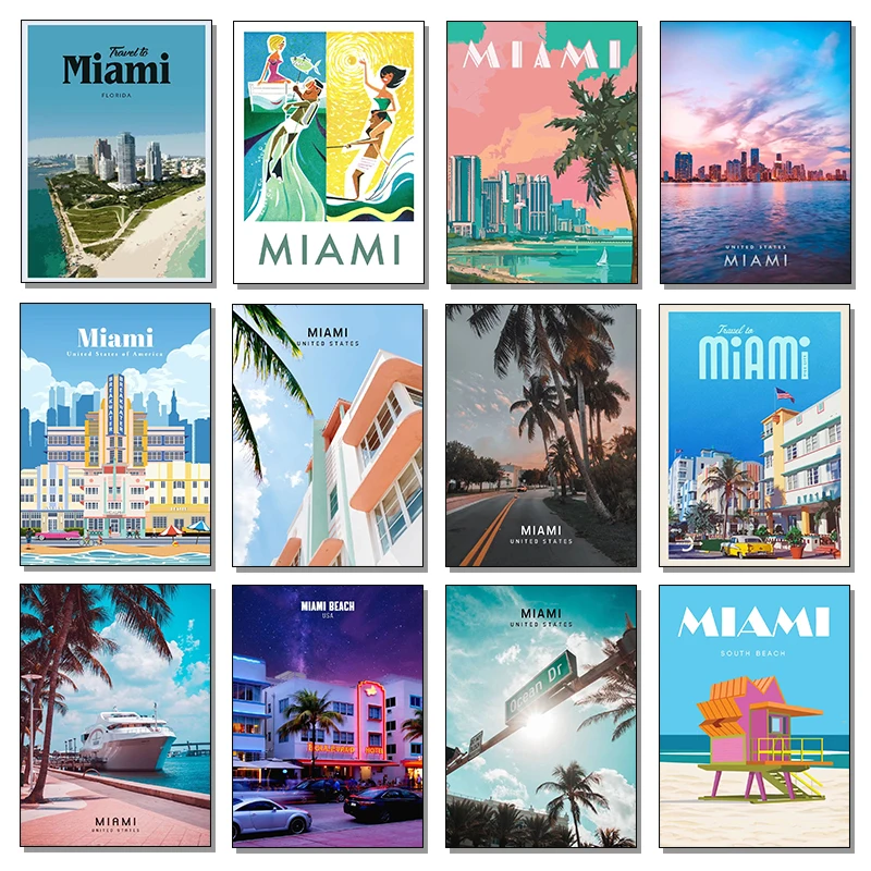 زيارة ميامي المشارك قماش الطباعة ميامي مدينة صور حقيقية جدار الفن ميامي السفر الجمالية طباعة غرفة المنزل بار الجدار الديكور