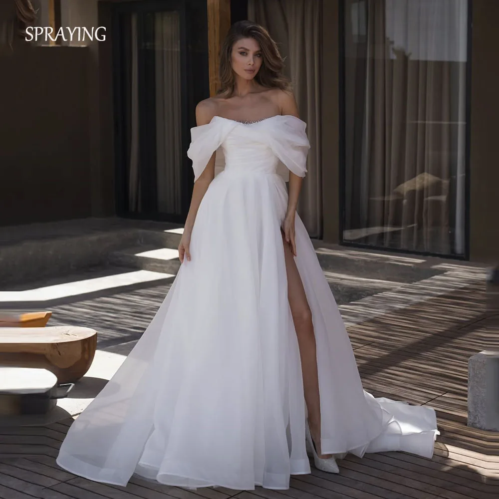 

SPRAYING Ivory Sparkly Organza Wedding Dresses Elegant Off Shoulder A line Long Side Slit Bridal Gowns Robe De Mariée Customized