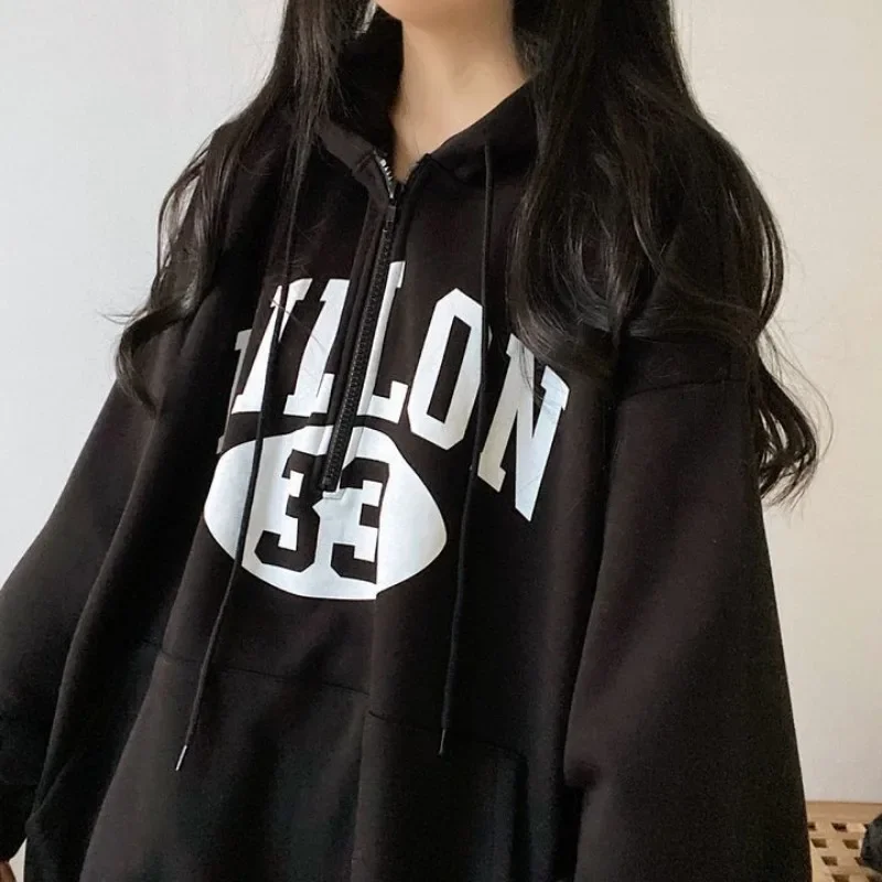 Baggy Korean Hooded Sweatshirt for Women Full Zip Up Woman Tops With Zipper Loose Hoodies Y2k Style Designer New In Clothing M E