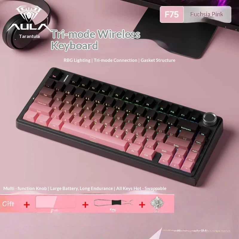 Aula Mechanical Keyboard F75 Tri Mode Wireless Bluetooth Hot Swappable Customized Rgb Gasket Gaming Office Long Battery Life