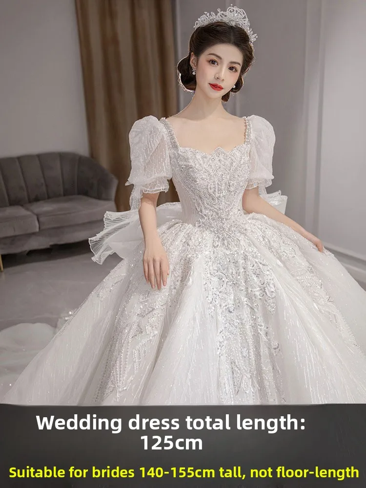 

ort Wedding Dr for Women Simple Bubble Sve Princ Sle Crystal Lace Fabric Materni Friendly Indoor Hotel Wedding