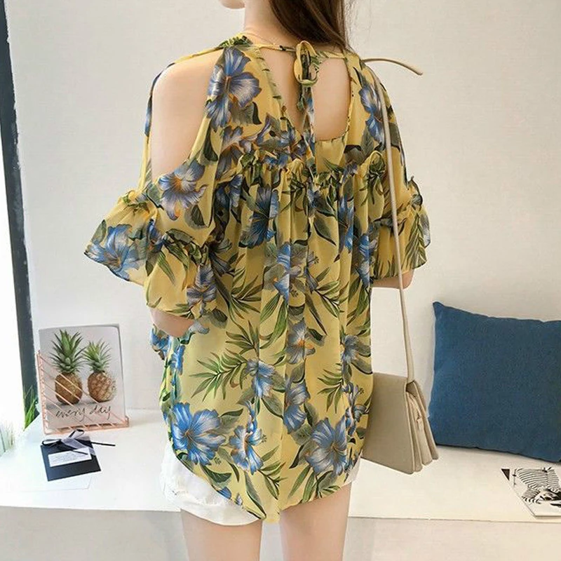 Frauen sexy schulter frei gekräuselte Schnürung Bluse mit Blumen druck Sommer lässig V-Ausschnitt Kurzarmhemd trend ige schicke lose Top weiblich